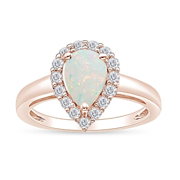Pear Cut Lab Created Opal Gemstone & Simulated White Sapphire Halo Teardrop Engagement Promise Ring In 14k Rose Gold Over Sterling Silver