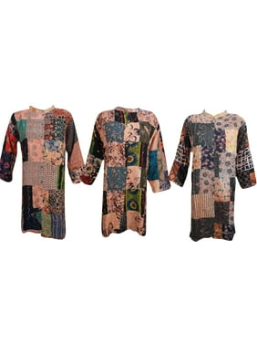 Mogul Wholesale Lot Of 3 Womens Button Down Patchwork Design Summer In The City Bohemian Ethnic Tunic Dresses