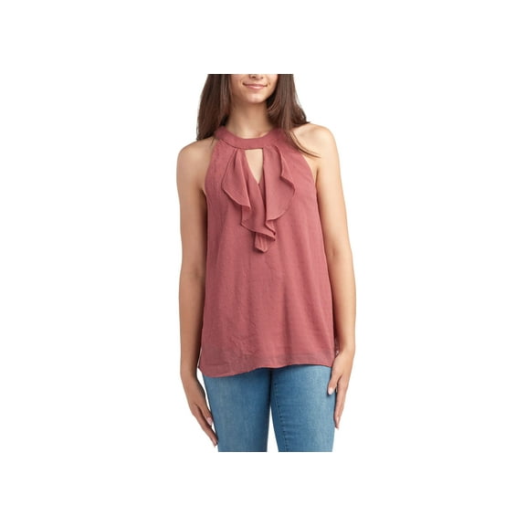 Juniors' Clip-Dot Ruffle-Front Sleeveless Top Mauve XL