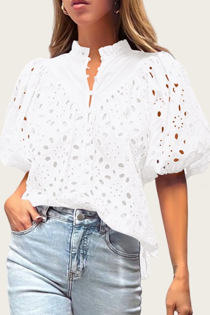 PRETTYGARDEN Women's Summer Tops Dressy Casual Short Lantern Sleeve V Neck Buttons Hollow Out Lace Embroidered Blouses Shirts