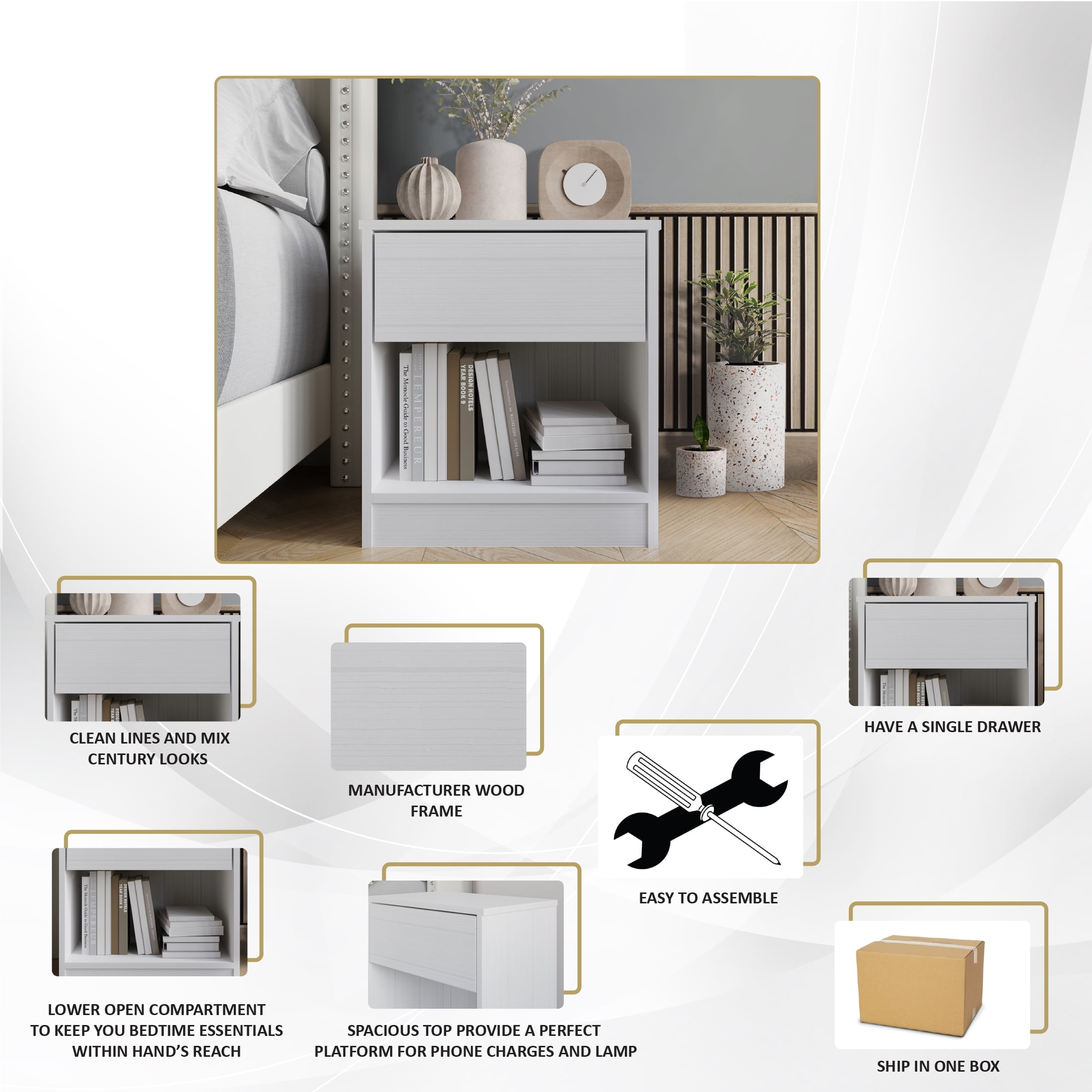Castle Place Minimalist Nightstand with 1 Drawer, White
