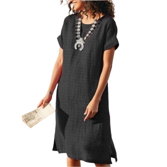 CIENVNSTG Women's Short Sleeve Linen Dress Crewneck Casual Plus Size Summer Flowy Vacation Midi Dresses Beach Sundress 2026 Black XL