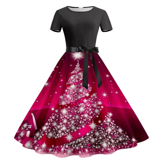 Pisexur Robe de Noël Mode Décontractée à Imprimé Floral Manches Courtes Col Rond Robe Haute pour Invité de Mariage, Robe de Fête de Noël