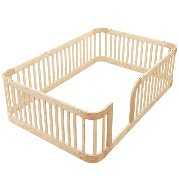 Euroco Full Size Floor Bed with Fence for Kids Teens and Toddlers, Natural