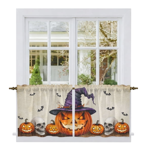 Halloween Tier Curtains, Orange Fall Pumpkin Witch Hat Bat Beige Light Filtering Kitchen Curtains, 2Pcs Rod Pocket Half Window Treatments Panels for Sink Cafe Cabinet Camper 27.5x36 Inches