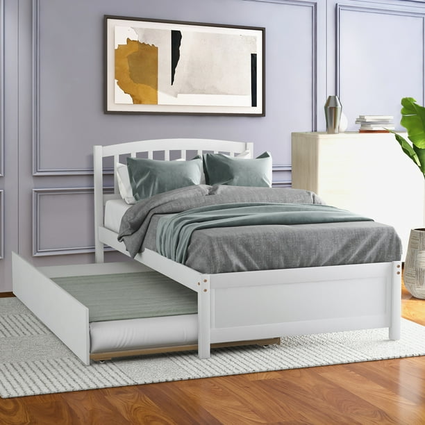 Modern Twin Bed Frame with Trundle for Boys Girls, Solid Wood Platform