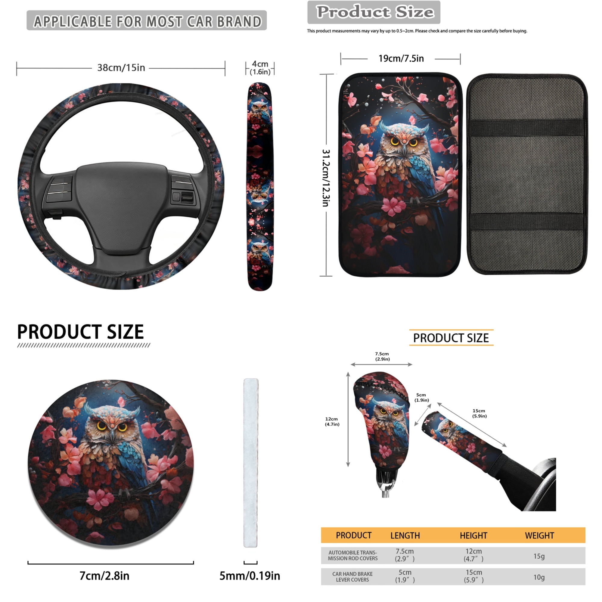 Tutolipy Owl Flower Printed Car Seat Cover Set of 16, Soft Front Rear Seat Cover for Cars, Steering Wheel Cover Seat Belt Pads Car Armrest Cover, Universal Fits for Most Cars SUV Vehicles Truck Sedan
