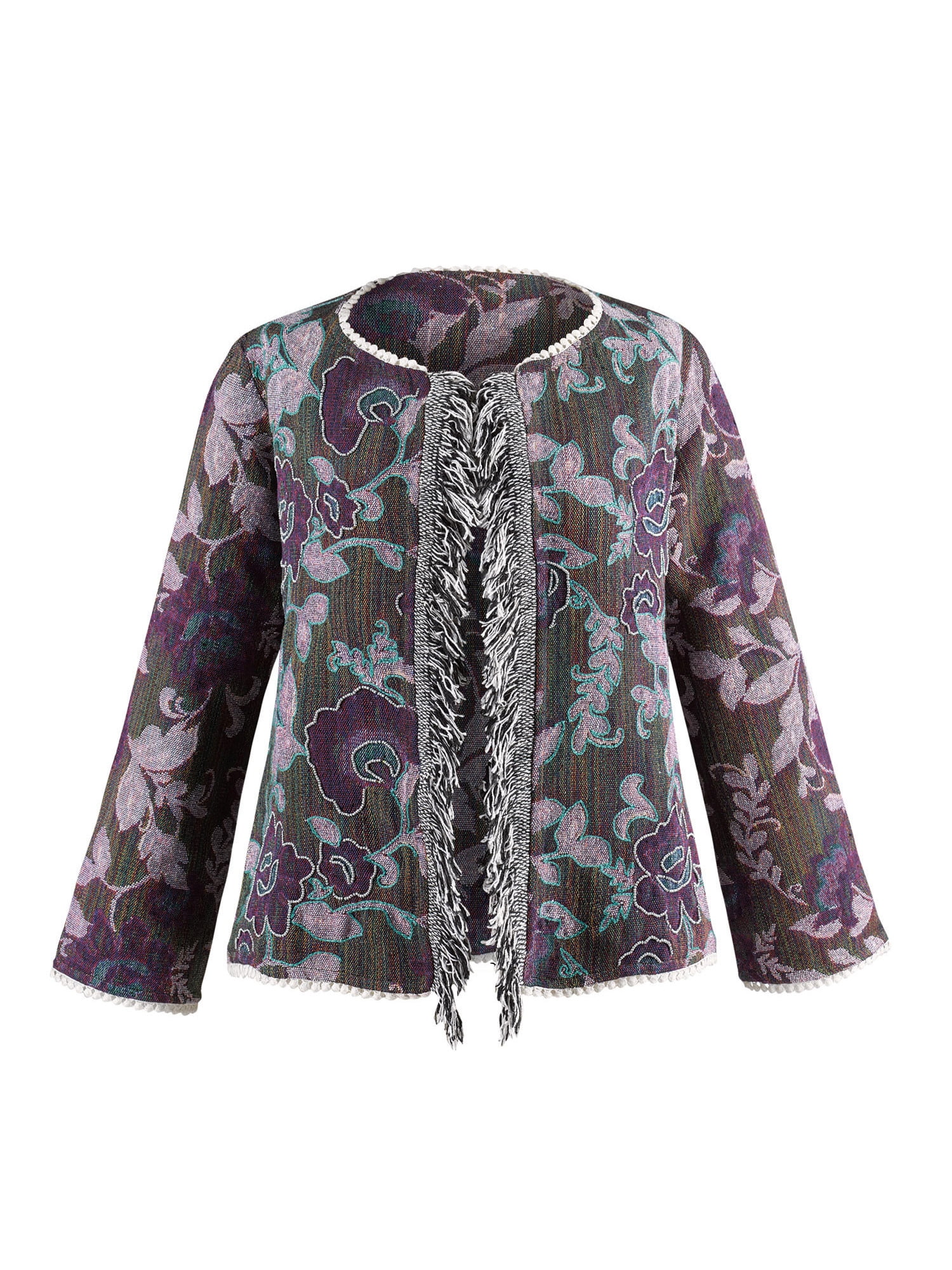 Catalog Classics Catalog Classics Women's Fringe Front Jacquard Jacket Floral Embroidered