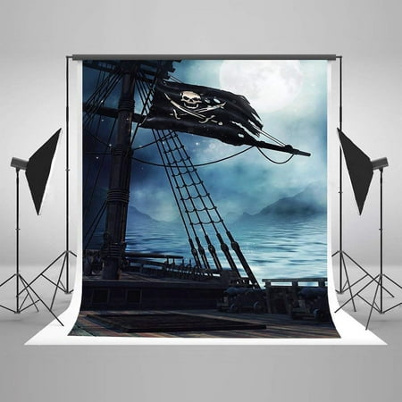 Image of ABPHOTO Polyester 5x7ft Summer Backdrops Night Photography Background Wooden Pirate Ship Backdrop Moon Pirate Cosplay Party Baby Photo Backdrop