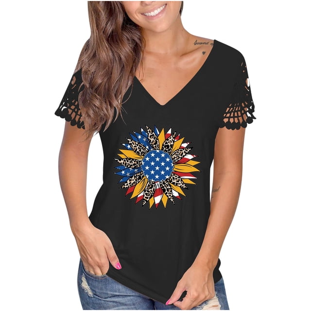 Blusa de manga corta de encaje informal con cuello en V de verano para mujer Fridja bn7971