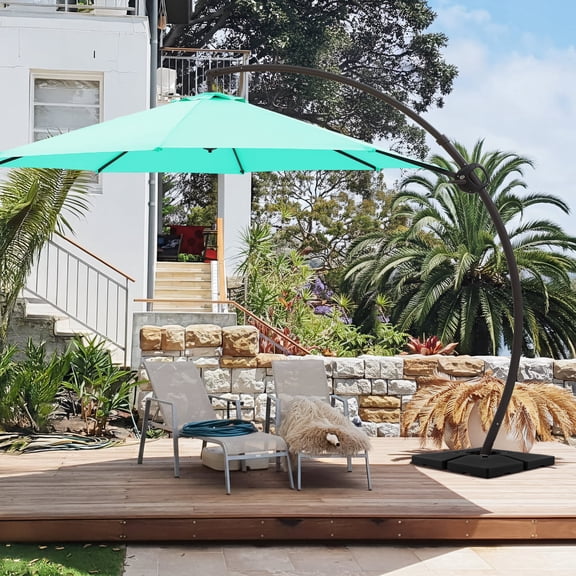 FUNDAZE 10ft Market Patio Umbrella with Base, Curved Cantilever Hanging Sun Shade with Crank & Tilt for Garden, Deck, Poolside,Turquoise