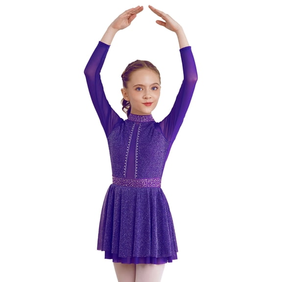 Zaldita Girls Shiny Long Sleeve Sequins Ballet Lyrical Ice Skating Dress Kids Ballroom Performing Purple 14