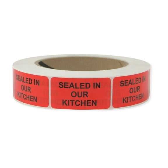 FindTape Tamper Evident Labels [Take-Out Food Packaging]: 1 in. x 2.9375 in. (Red "SEALED IN OUR KITCHEN" with "OPEN" message if remove) 1,000 pack