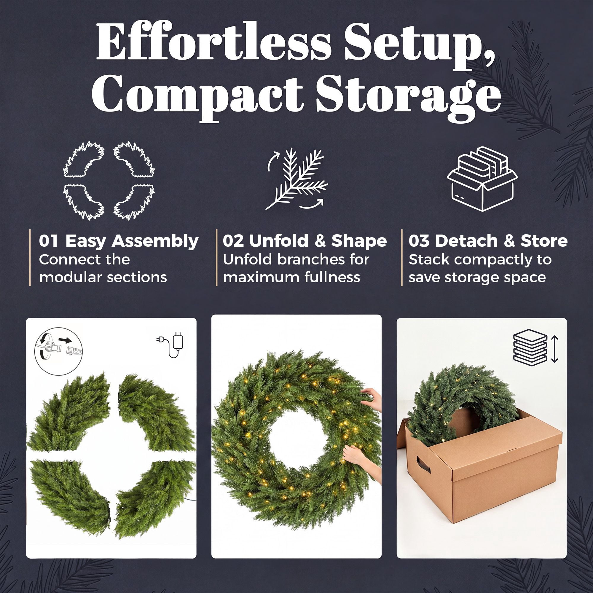 Pre-Lit Artificial Christmas Wreath, 48 in Norwegian Spruce with 150 Warm White LED Lights, 750 Branch Tips, Indoor and Covered Outdoor Holiday Door Decor