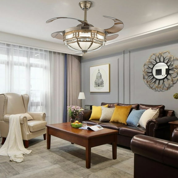 Tiffany Style Ceiling Fan W/ LED  Light Chandelier Remote Control Fandelier W/o Bulb For Living Rooms