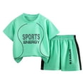 thumbnail image 1 of BXUIDJG Boy's Summer Outfits Sports Tracksuit Basketball Round Neck Short Sleeve Letter Printed Top and Mesh Elastic Wide Leg Shorts Quick Drying Shorts Set Tee and Comfy Shorts for Kids 1-2 T, 1 of 3