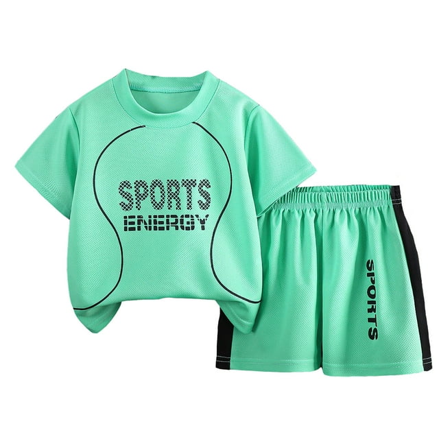 BXUIDJG Boy's Summer Outfits Sports Tracksuit Basketball Round Neck Short Sleeve Letter Printed Top and Mesh Elastic Wide Leg Shorts Quick Drying Shorts Set Tee and Comfy Shorts for Kids 1-2 T