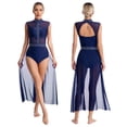 thumbnail image 3 of Leotardo de danza moderna sin mangas con falda de Panel de malla transparente para mujer, gimnasia, Ballet, patinaje artístico lírico, traje de baile, 3 of 5