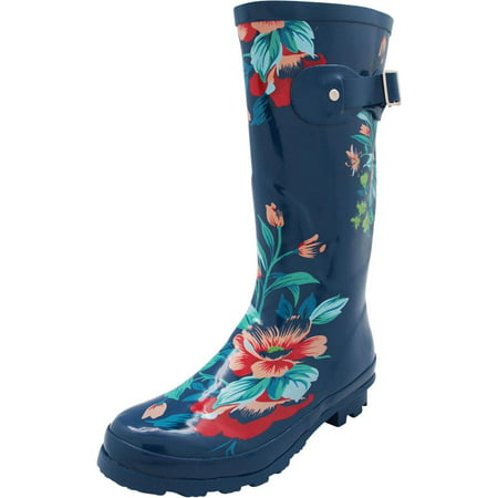 Norty Womens Hurricane Wellie - Glossy Matte Waterproof Mid-Calf Rainboots - Runs 1/2 Size Large, 40705 Blue Floral / (Best Horse Boots For Eventing)