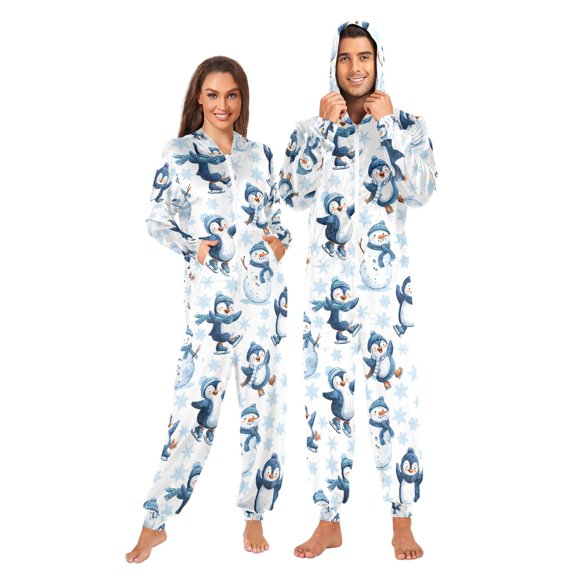 Adult Christmas Onesie Snowman Penguin Snowflakes Pattern Zipper One-Piece Pajamas Unisex with Pockets