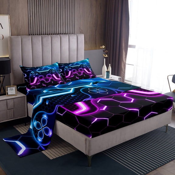 Erosebridal Purple Gamepad Sheet Set Twin,Honeycomb Hexagon Bedding Sets Twin Size,Teens Bedroom Decor,Breathable,3pcs