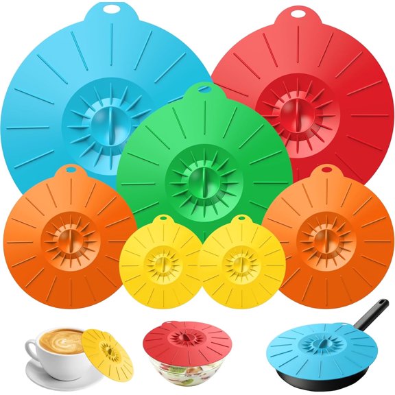 RYLZX 7 Pack Silicone Lids, Microwave Splatter Cover, 5 Sizes Reusable Heat Resistant Food Suction Lids fits Cups, Bowls, Plates, Pots, Pans, Skillets, Stove Top, Oven