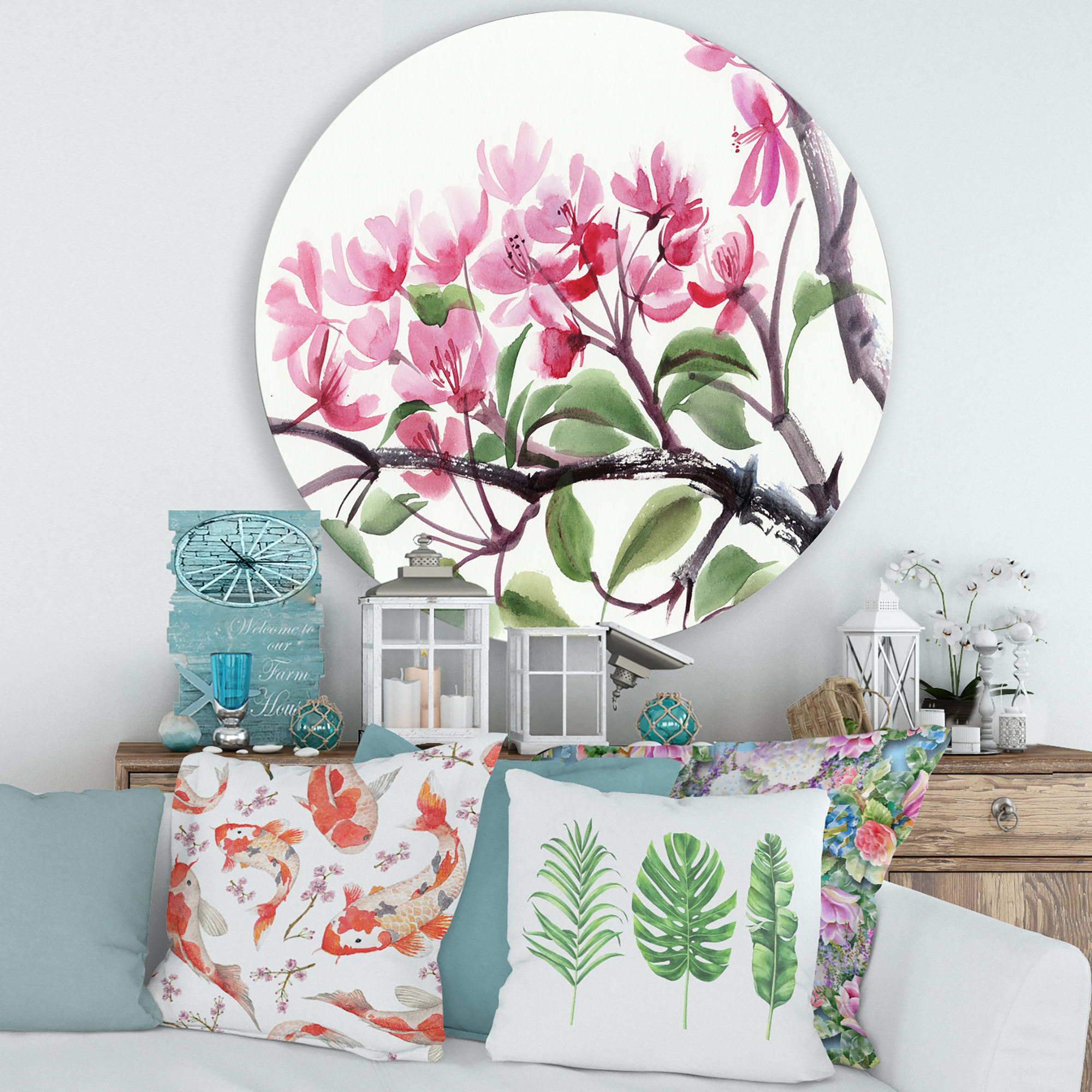 Designart 'Pink Blossoming Floral Tree' Traditional Circle Metal Wall Art 36x36 - Disc of 36