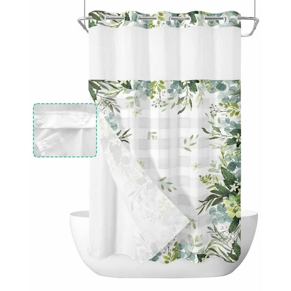No Hook Shower Curtain with Snap in Liner, Summer Farmhouse Eucalyptus Leaves Green Plaid Hotel Shower Curtains for Bathroom, Washable Shower Curtain Liner Set with Mesh Top Window, 54"x78"