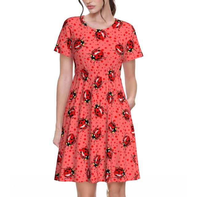 Balery Ladybugs On Red Polka Dot Vestidos sueltos de manga corta para mujer, vestidos de verano 2025, vestidos casuales de corte A con vuelo.