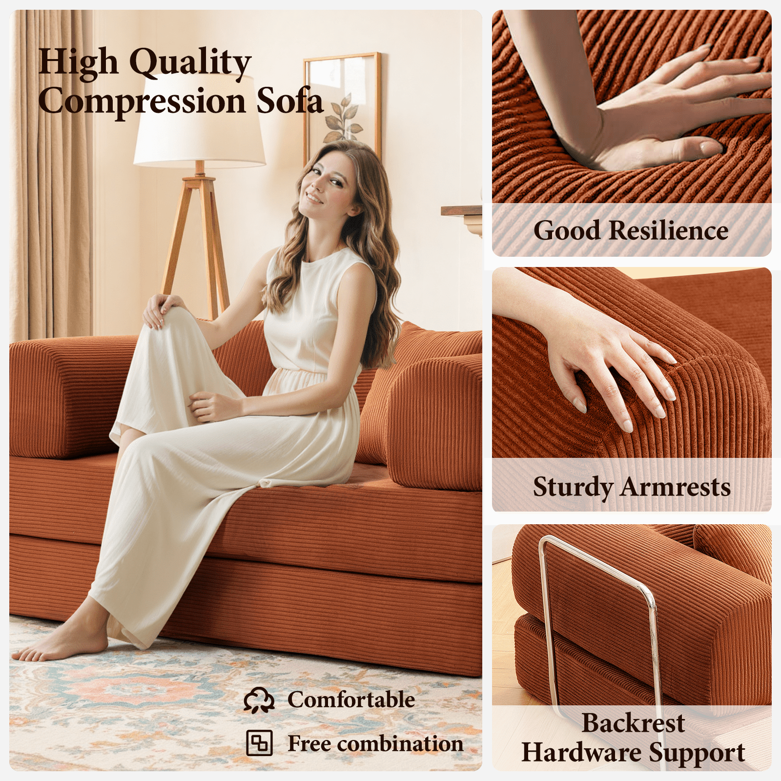 COOLHUT 78.7" Combination Sofa Bed, Pumpkin Brown