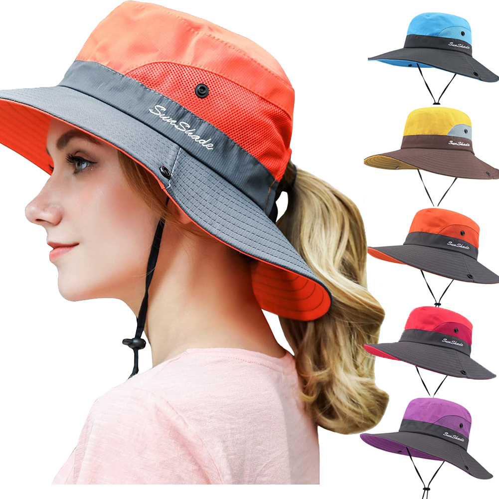 Visland Women Sun Hats, Women's Ponytail Bucket Hat Outdoor UV Protection  Foldable Summer Mesh Wide Brim Beach Fishing Hat with Ponytail Hole 