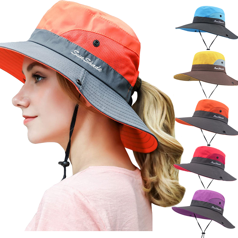 Visland Women Sun Hats, Women's Ponytail Bucket Hat Outdoor UV Protection Foldable Summer Mesh 