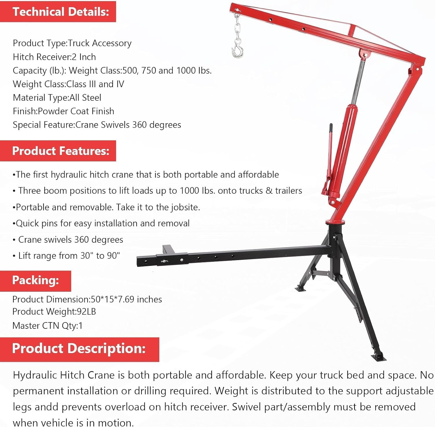 Hydraulic Pickup Truck Crane , 1000 Lbs Capacity, 360°Swivel, Hitch Mounted Crane with 3 Adjustable Capacities of 500 Lbs, 750 Lbs and 1000 Lbs for Lifting Goods in Construction, Red