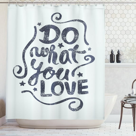 Love What You Do Shower Curtain, Grunge Style Message Design with Swirls and Stars Layout, Fabric Bathroom Set with Hooks, 69W X 75L Inches Long, Dark Slate Blue Baby Blue, by Ambesonne