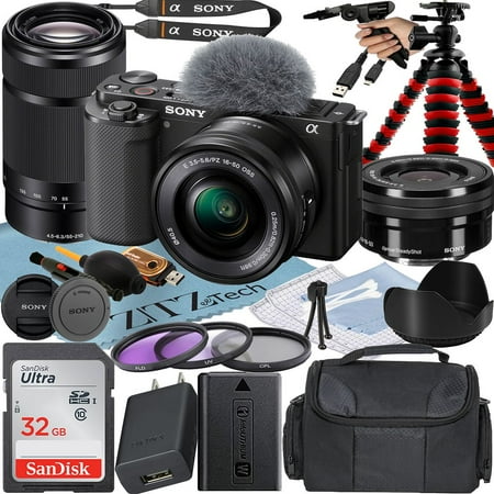Sony Alpha ZV-E10 Mirrorless Vlog Camera With 16-50mm Lens + 55-210mm Lens + 32GB Memory Card + Filter Kit + Tripod + Case + ZeeTech Accessory Bundle (Black)