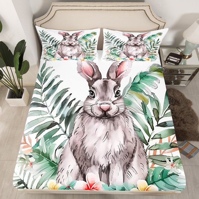Erosebridal Gray Rabbit Fitted Sheet Set Queen, Cute Animal Bedding Queen Size, Tropic Palm Decor 3-Piece(No Top Sheet)