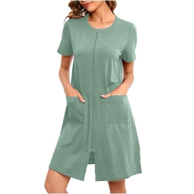 Timegard Nightgown for Women Sleepwear Zipper Robe Short Sleeve Comfy Short House Dress with Pockets