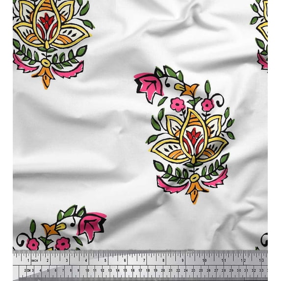 Soimoi Cotton Voile Fabric Leaves & Floral Block Print Fabric by The Yard 42 Inch Wide