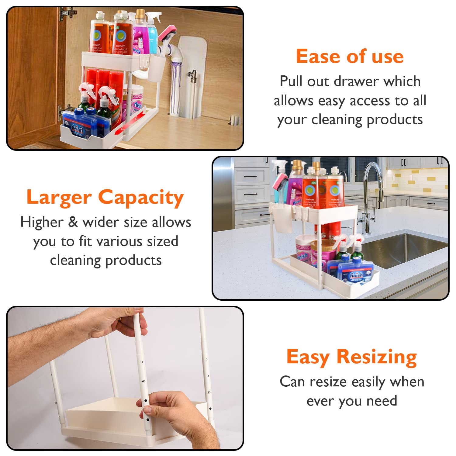 Cutting Ej Under Sink Organizer and Storage - 2 Tier Adjustable Height Kitchen, Bathroom, Pantry Storage & Organization Shelves - Pull Out Under Cabinet Organizer for Kitchen Cleaning Supplies, White
