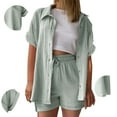 thumbnail image 4 of Pyhlmscde Women's Fashionable And Casual Solid Color Double Layer Wrinkled Single Pocket Short Sleeve Top Shorts Set, Piece Sets Summer Dressy,Summer Outfits for Women 2 Piece Set, 4 of 6