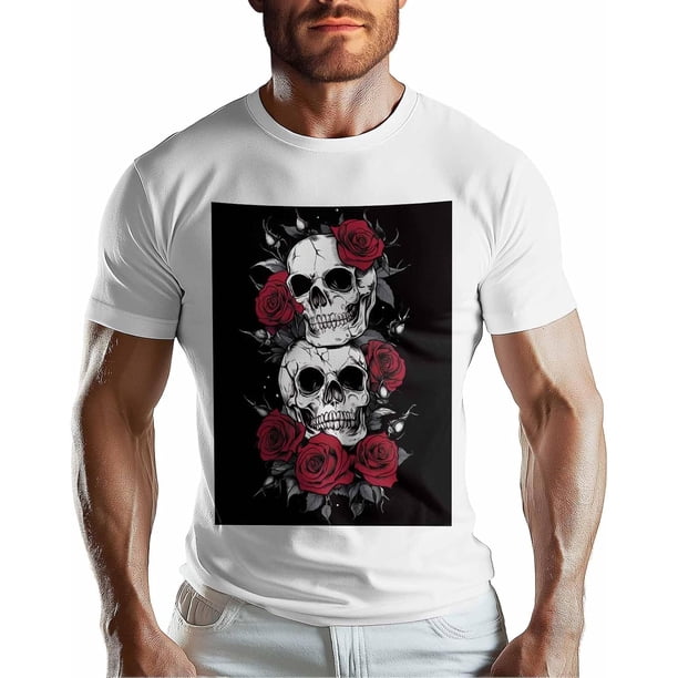 Men T-Shirt,Crewneck Tee Shirt Rose Skull Short Sleeve Casual Black T Shirts