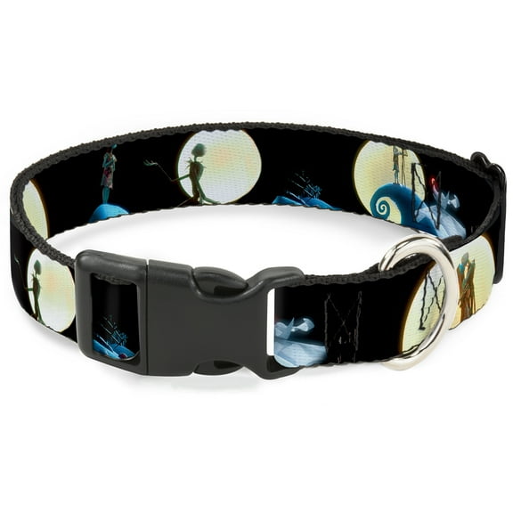 Disney Pet Collar, Dog Collar Plastic Buckle, Nightmare Before Christmas Jack Sally Moon Scenes, 7 to 8.5 Inches 0.5 Inch Wide
