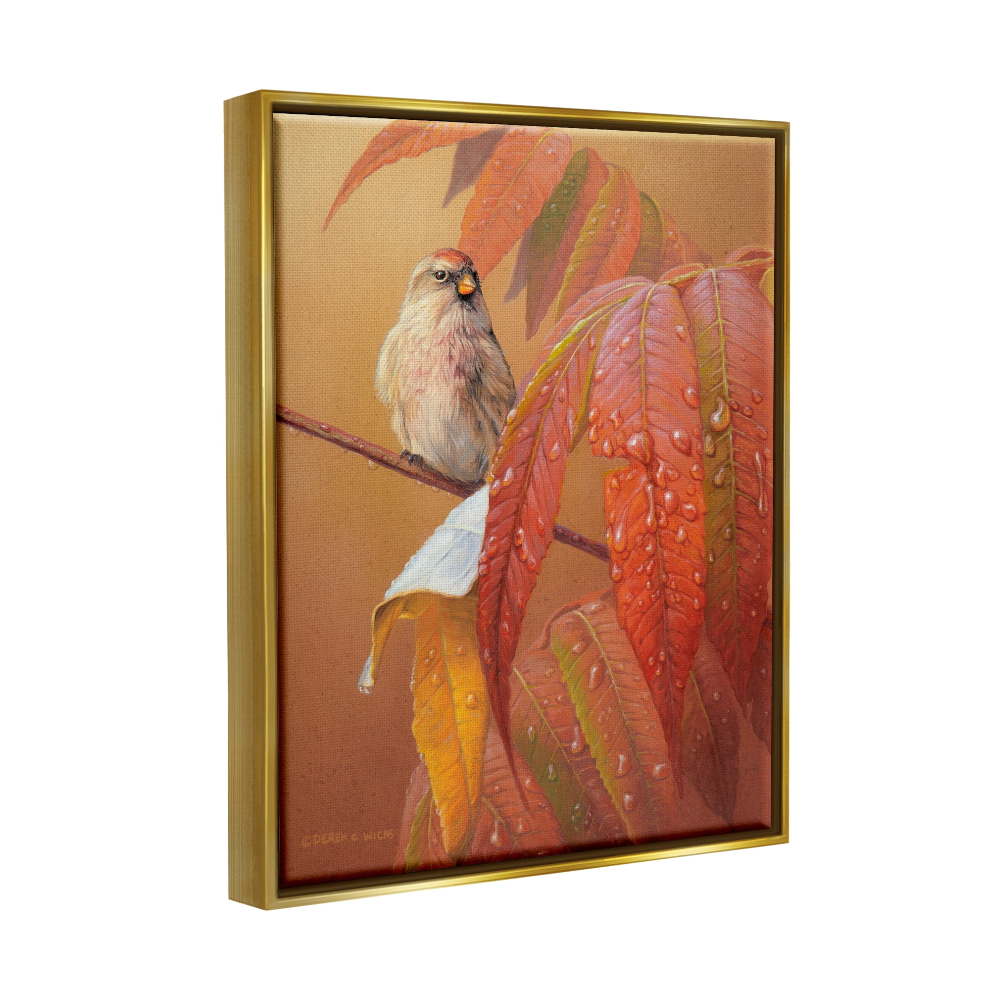 Stupell Industries Bird on Autumnal Branch Animals & Insects Painting Gold Floater Framed Canvas Art Print Wall Art, 25 x 31