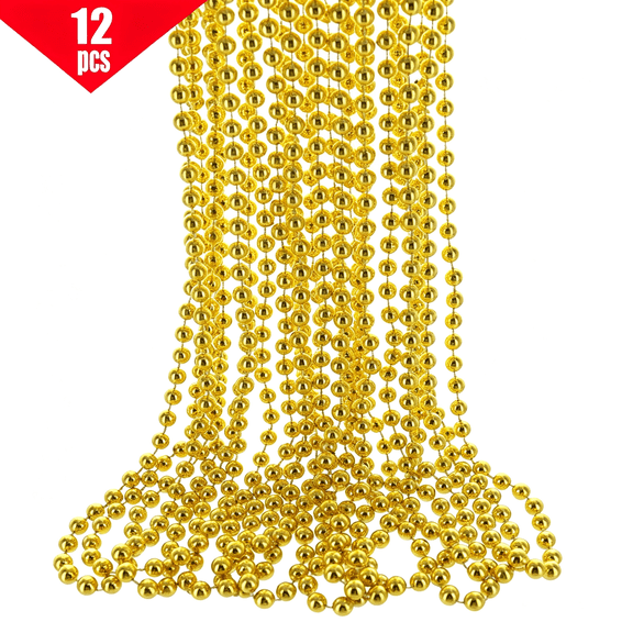 DESIGNICE 33" 7Mm Metallic Gold Beaded Necklaces for Mardi Gras Party,New Year Countdown Party Gold Beads Necklaces,Event Beaded Necklace,Vegas Necklace,Birtyday Party Necklace. (Gold,12 Pack)