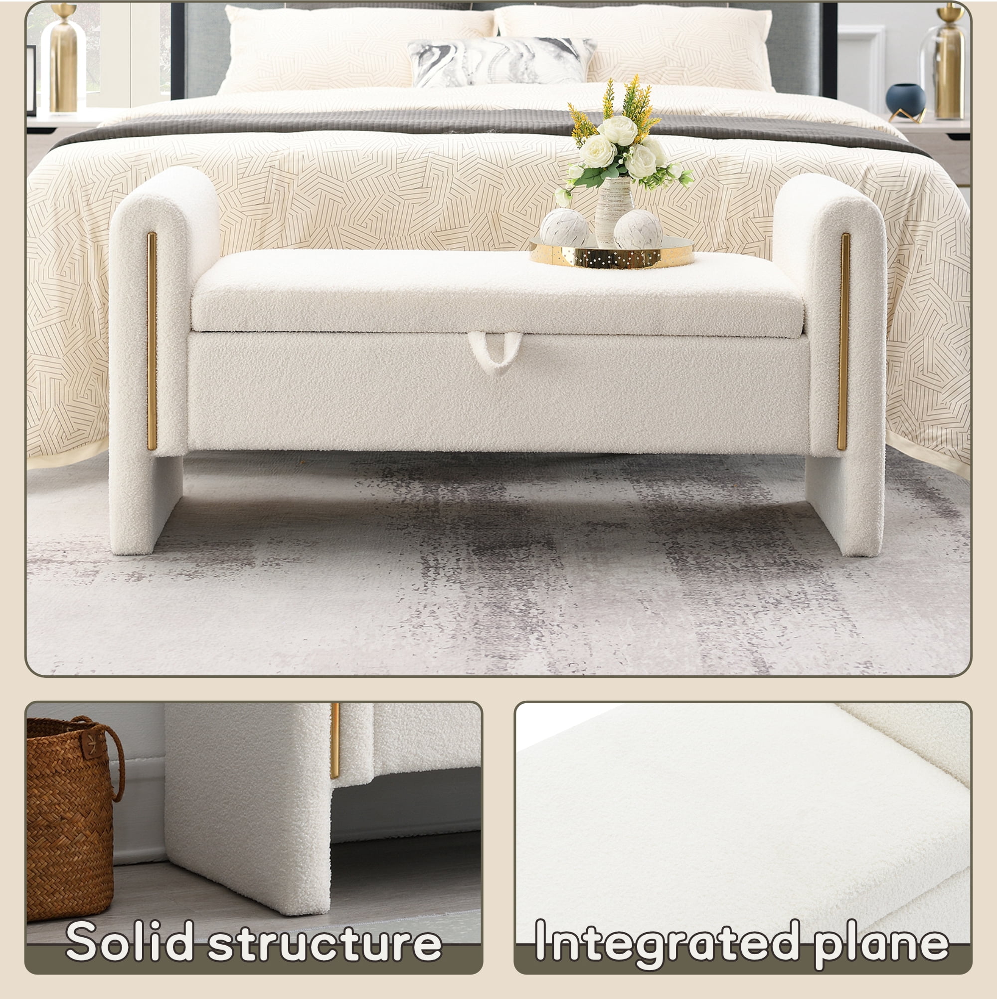 QianYueLUX 52" Storage Ottoman Bench with Armrests, White Teddy Fabric, 250lbs Capacity, Multi-Functional Footrest for Bedroom & Entryway