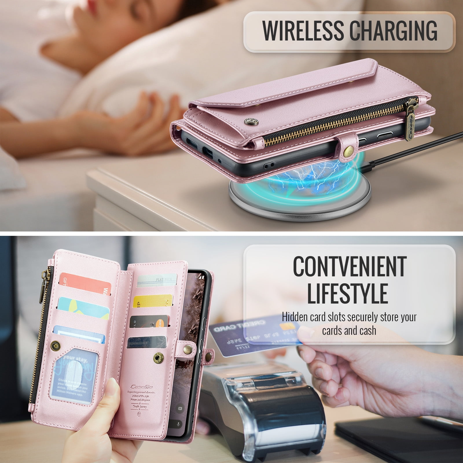 for Google Pixel 7a Full Body Protection Wallet Folio Flip Case, Shoulder Strap & Wristlet Card Slots Zipper Pocket RFID Blocking Rugged Durable PU Leather Phone Case Cover, Pink