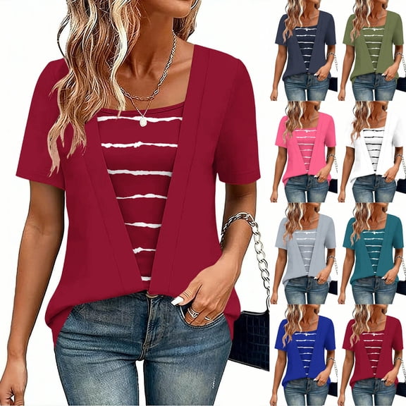 Agkizg Women's Fake Two-Piece Blouse Crew Neck Short Sleeve Printed Casual Fashion Summer Top