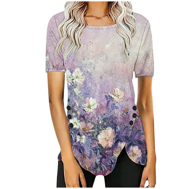 Blusas de Manga Corta para las Mujeres Botón Impreso Cuello Redondo Top Casual, Blusas para las Mujeres Casual