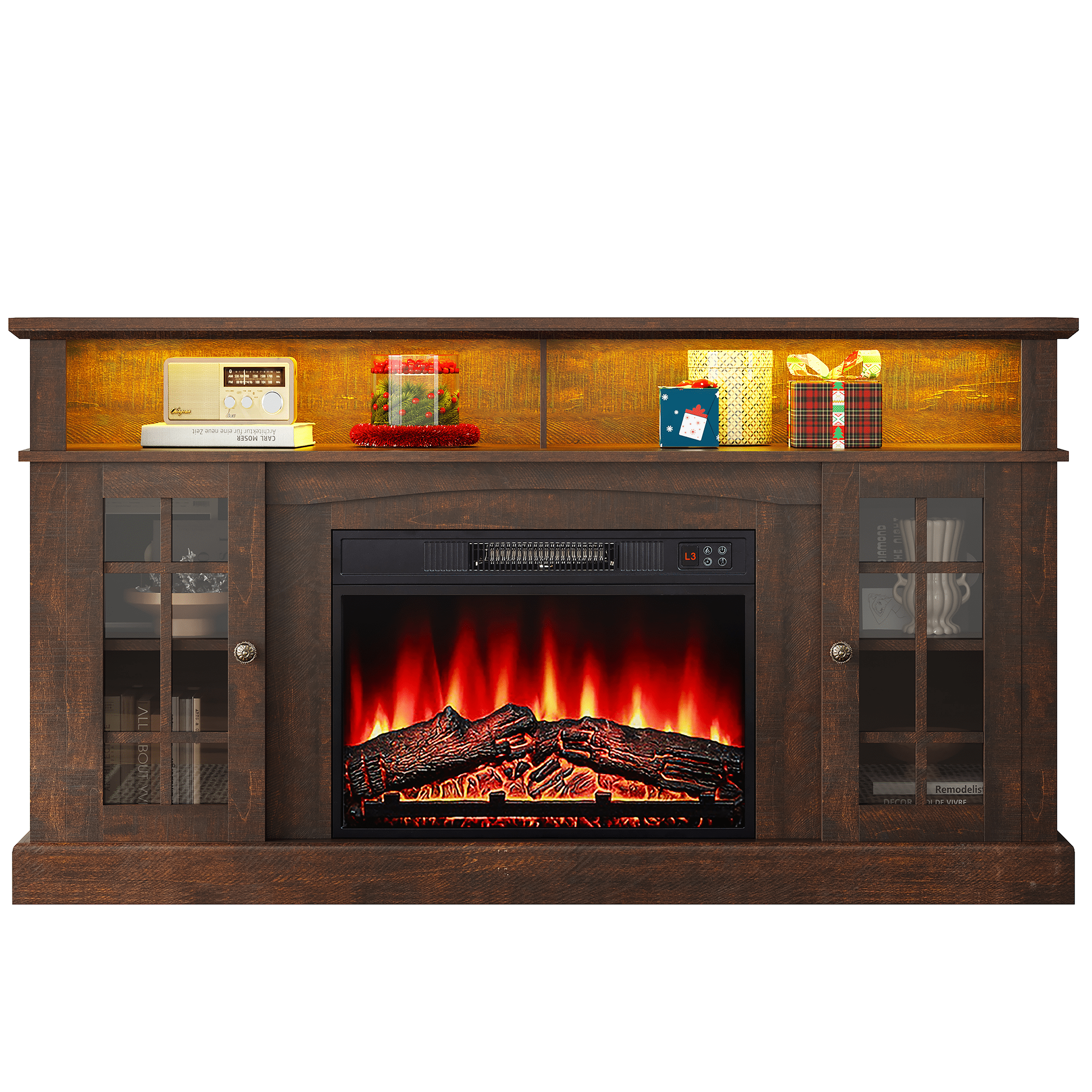 SESSLIFE Fireplace TV Stand for 65 Inch TV, LED TV Console with 23''Electric Fireplace, Entertainment Center Television Table for Living Room or Bedroom, Brown