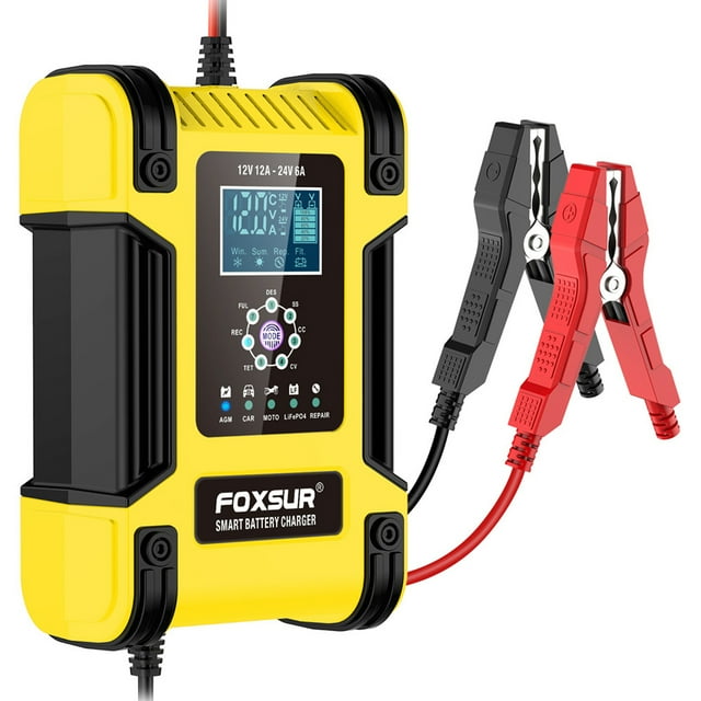 FOXSUR 12V/24V 7-Stage Smart Battery Charger with Switchmode Technology, Multiple Protections (Polarity, Short Circuit, Over Temperature), Fan Cooling, 100-240V AC Input, Compatible with Lead Acid,